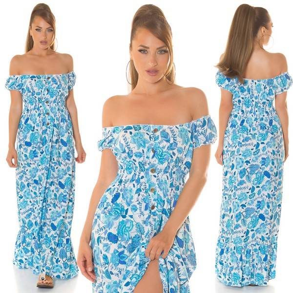 Koucla Sexy off-shoulder Sommer Maxikleid mit Deko Knöpfen Auslauf