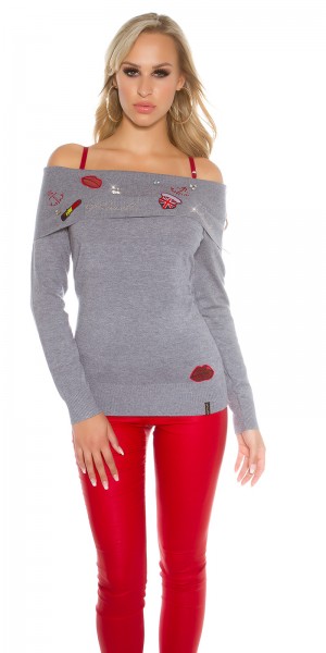 Koucla Sexy Koucla Pulli schulterfrei m.Strass+Aufnähern Vatertagsangebot
