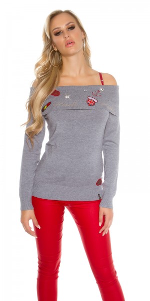 Koucla Sexy Koucla Pulli schulterfrei m.Strass+Aufnähern Vatertagsangebot