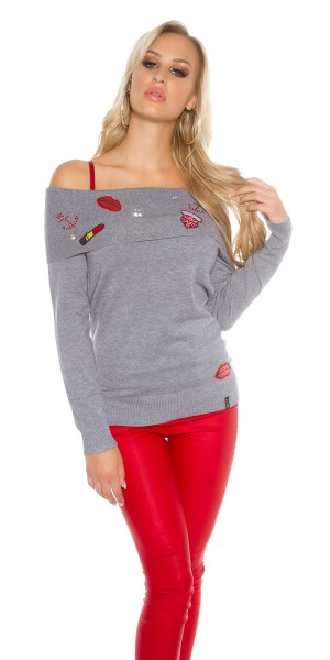 Koucla Sexy Koucla Pulli schulterfrei m.Strass+Aufnähern Vatertagsangebot