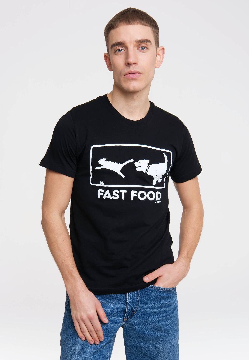 Logoshirt Fast Food - Hund Jagt Katze - T-Shirt Print Speichern exportieren