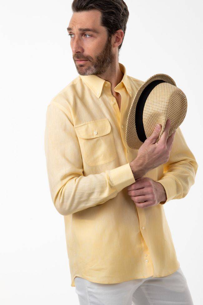 aplomb Hemd Herren Aplomb Classic Einfarbig 100% Leinen kragen Button-Down Lange Ärmel Preisnachlass