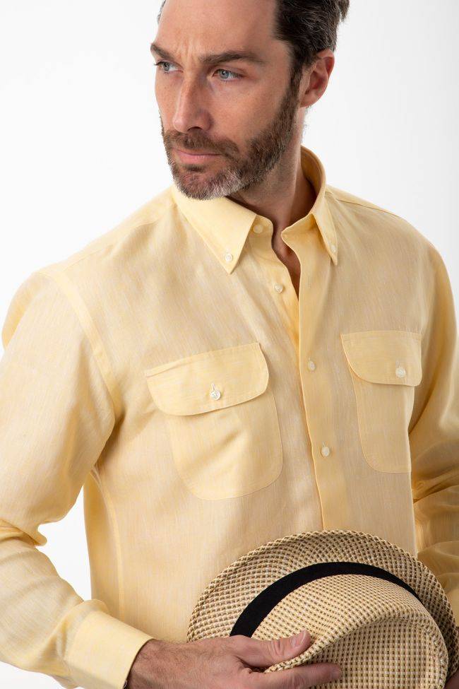 aplomb Hemd Herren Aplomb Classic Einfarbig 100% Leinen kragen Button-Down Lange Ärmel Preisnachlass