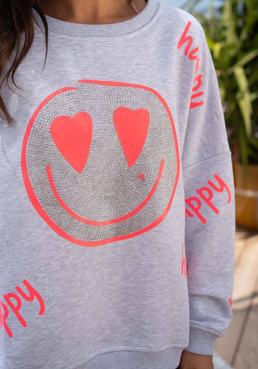 Miss Goodlife Roundneck Happy Heartface Strass – lightgrey Bestseller