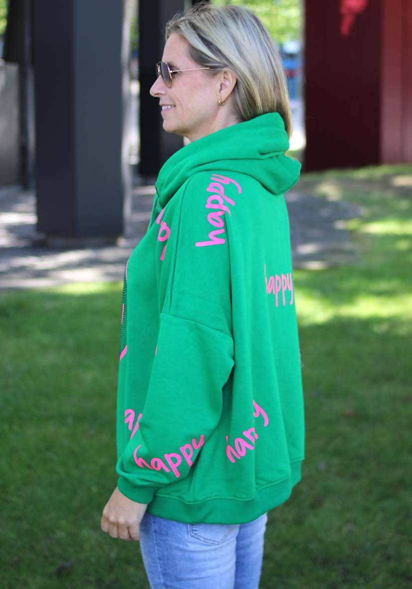 Miss Goodlife Hoodie Happy Heartface Strass – green Tiefpreis
