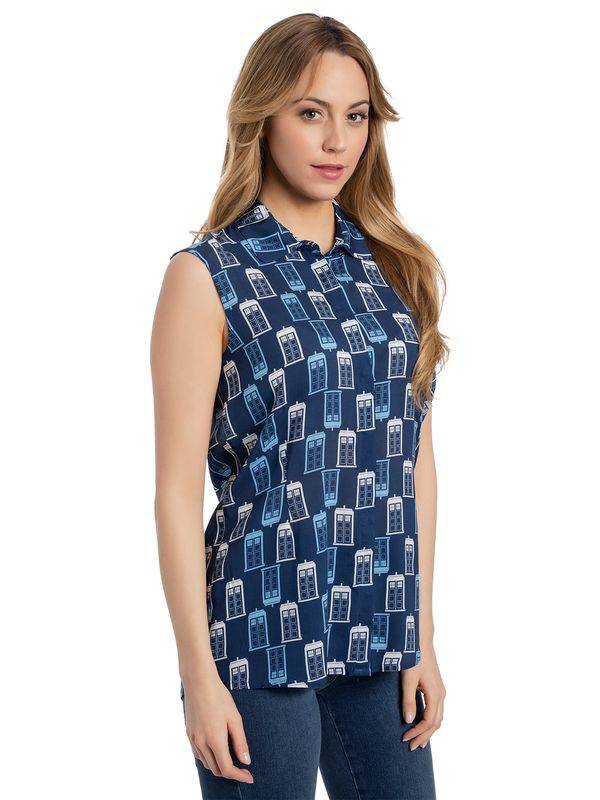 Nastrovje Potsdam Dr. Who Tardis Sleeveless Girl Blouse Bluse blau allover Lagerräumung