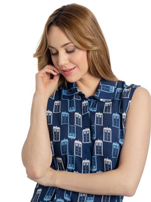 Nastrovje Potsdam Dr. Who Tardis Sleeveless Girl Blouse Bluse blau allover Lagerräumung
