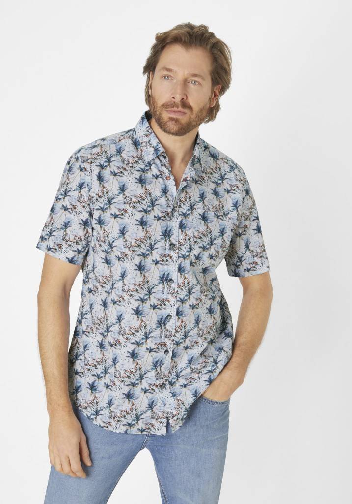 Paddocks Short sleeve all over palm print normale Passform - blue Meist gekauft
