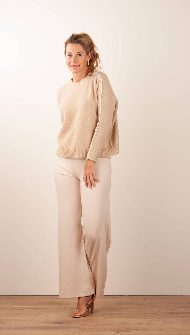 Kujten Kaschmir Pullover „Stitching“ Beige Weihnachtsangebot