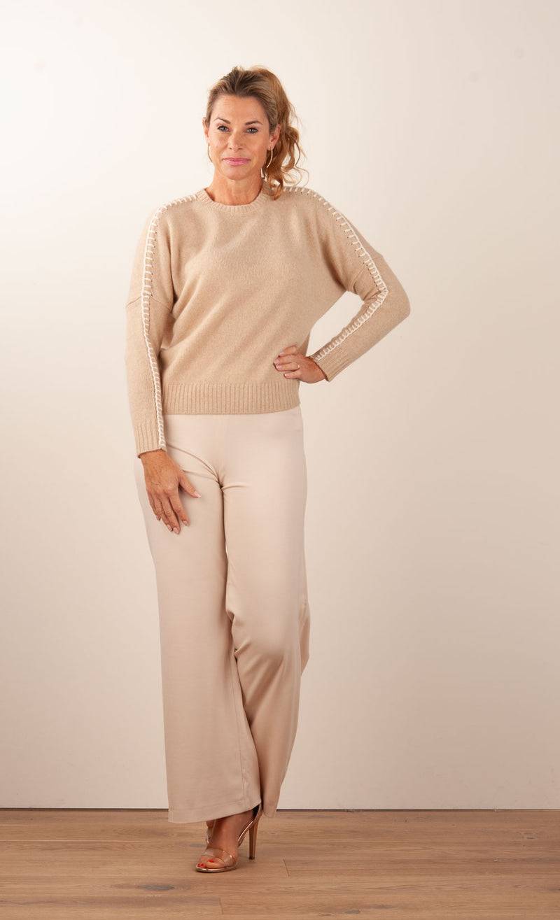 Kujten Kaschmir Pullover „Stitching“ Beige Weihnachtsangebot