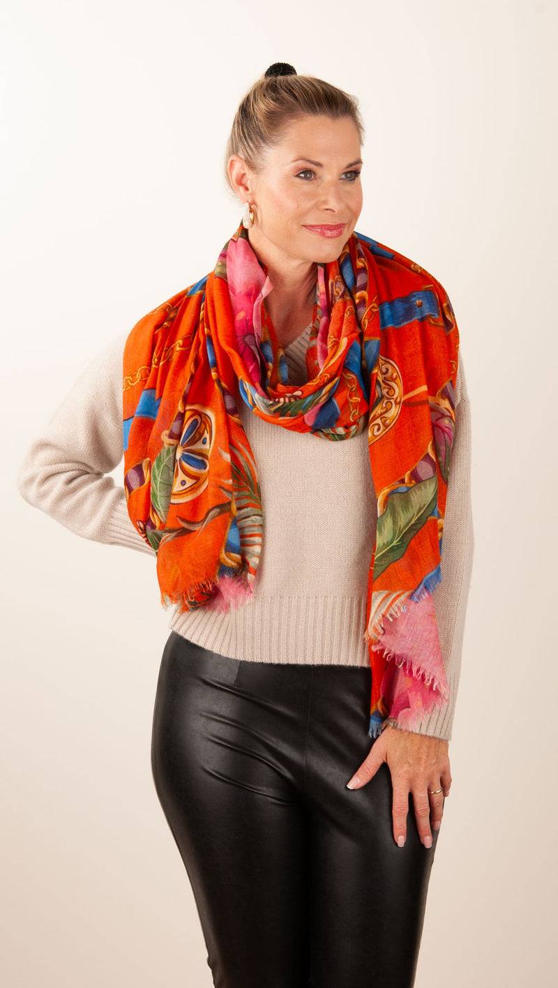 Simone Bruns Schal „Blumen“ Orange | Multicolor Im Verkauf