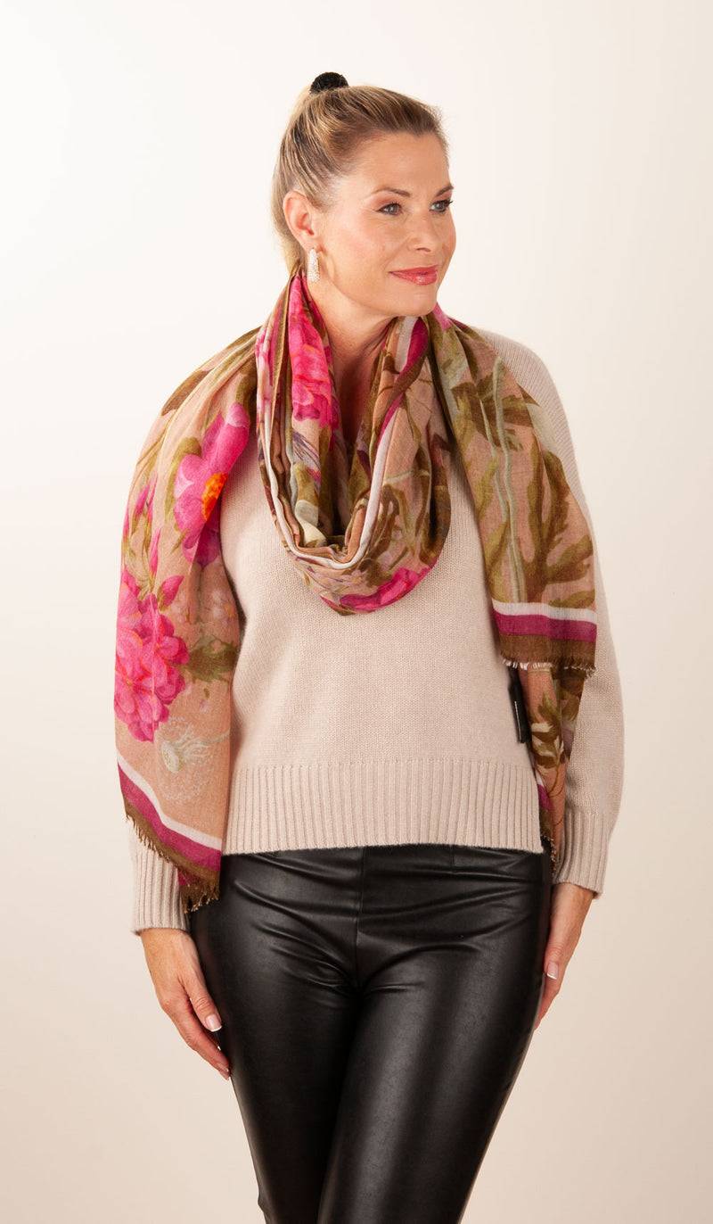 Simone Bruns Schal „Blumen & Blätter“ Taupe | Multicolor zollfrei