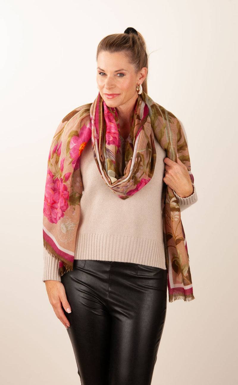 Simone Bruns Schal „Blumen & Blätter“ Taupe | Multicolor zollfrei
