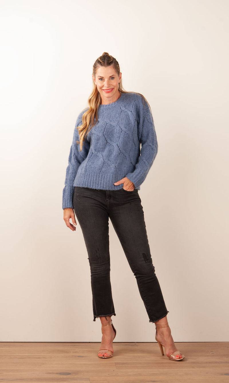 Kitted in Cashmere Kaschmir Pullover „Zopfstrick“ Jeansblau Sonderangebote