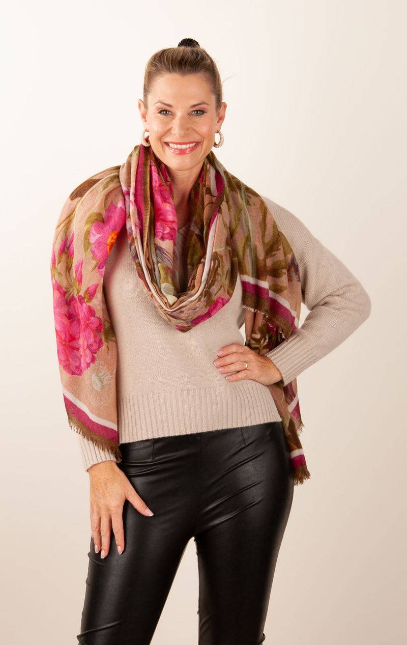 Simone Bruns Schal „Blumen & Blätter“ Taupe | Multicolor Speichern exportieren