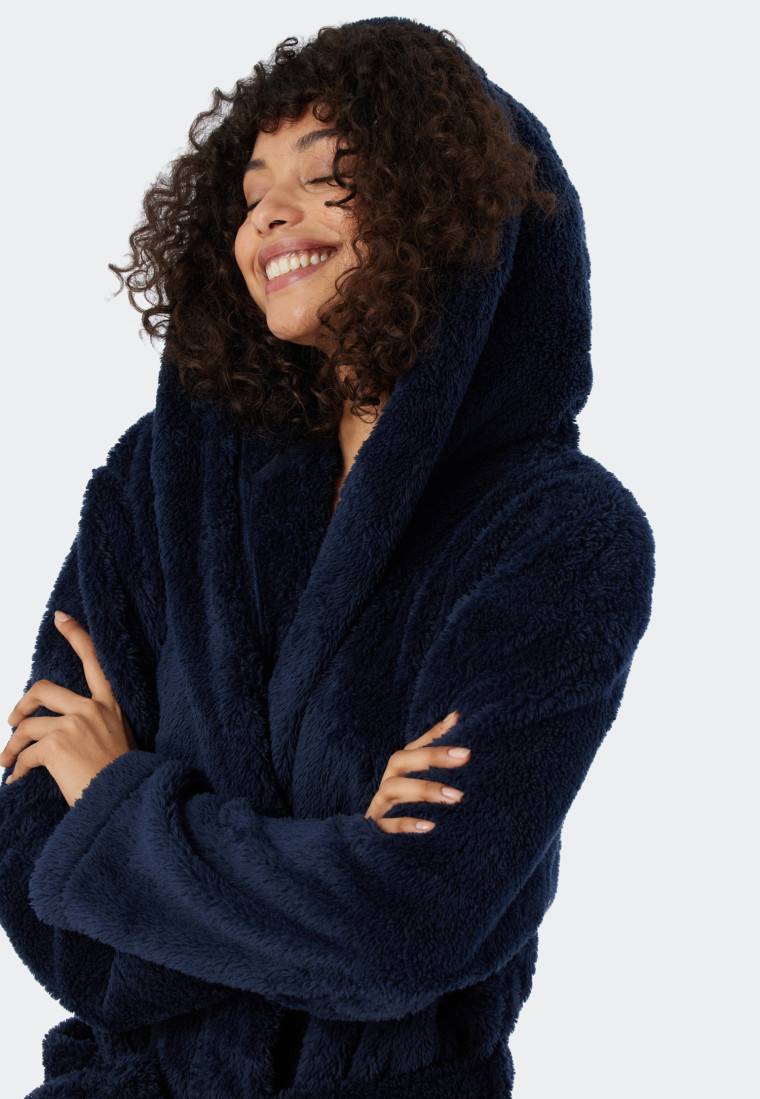 Schiesser Morgenmantel Teddy-Fleece Comfort-Fit dunkelblau - Essentials Kostenloser Versand international