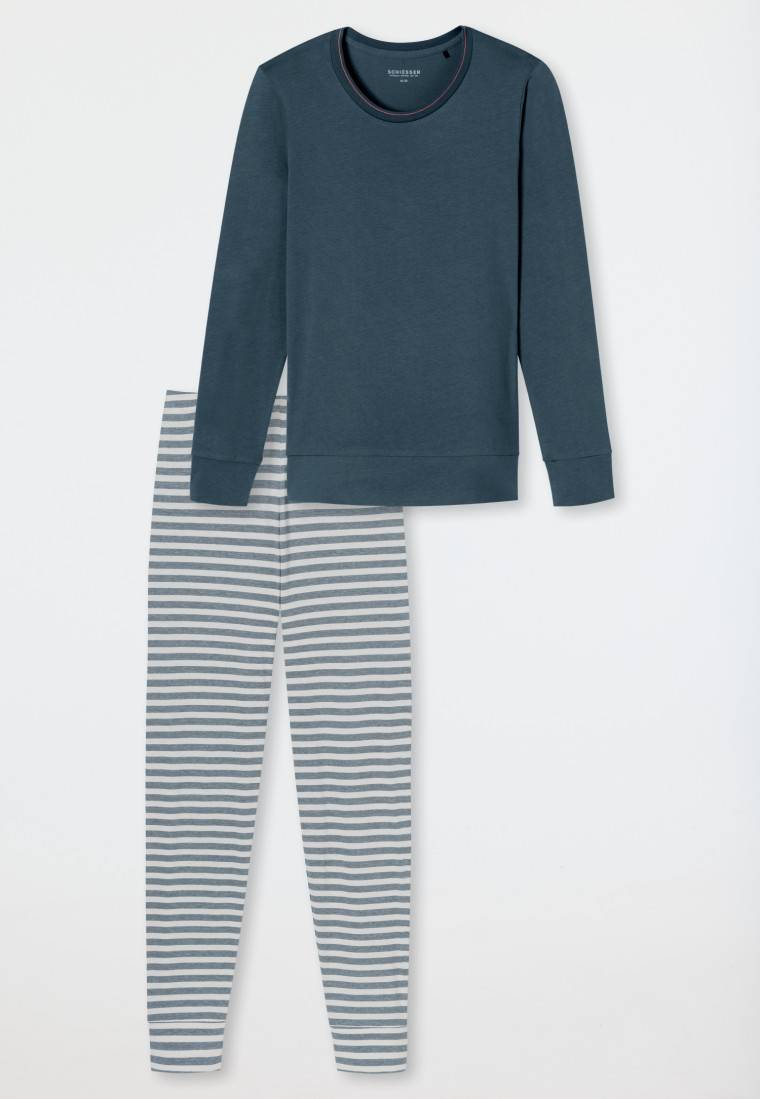 Schiesser Schlafanzug lang Bündchen Ringel jeansblau - Casual Essentials 50% Rabatt für begrenzte Zeit