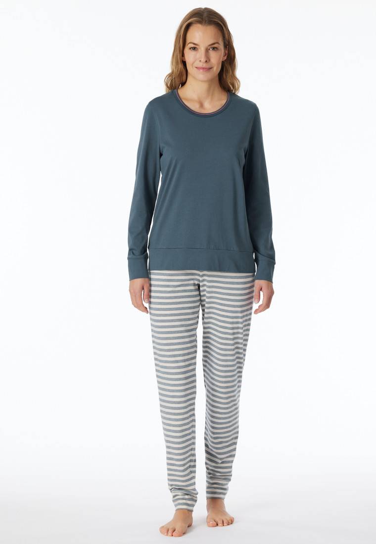 Schiesser Schlafanzug lang Bündchen Ringel jeansblau - Casual Essentials 50% Rabatt für begrenzte Zeit