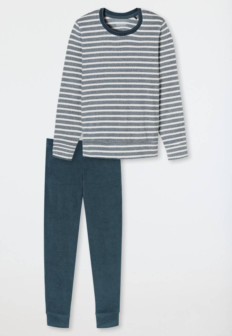 Schiesser Schlafanzug lang Frottee Bündchen Ringel jeansblau - Casual Essentials Online