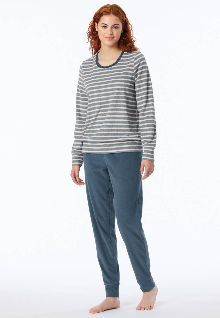 Schiesser Schlafanzug lang Frottee Bündchen Ringel jeansblau - Casual Essentials Online