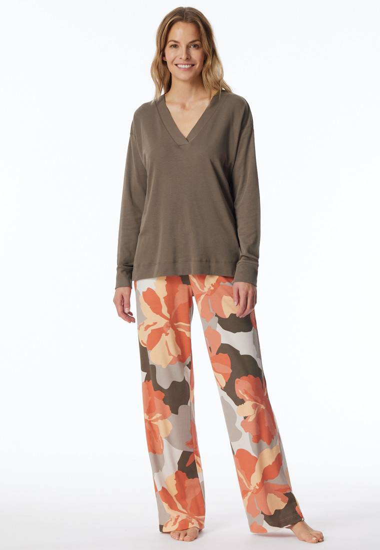 Schiesser Schlafanzug lang Interlock taupe bedruckt - Modern Nightwear Schlussverkauf