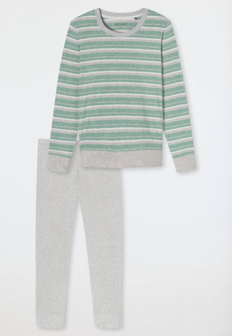 Schiesser Schlafanzug lang Frottee Bündchen Ringel grün-meliert - Casual Essentials Günstiger Verkauf