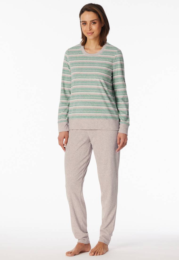 Schiesser Schlafanzug lang Frottee Bündchen Ringel grün-meliert - Casual Essentials Günstiger Verkauf