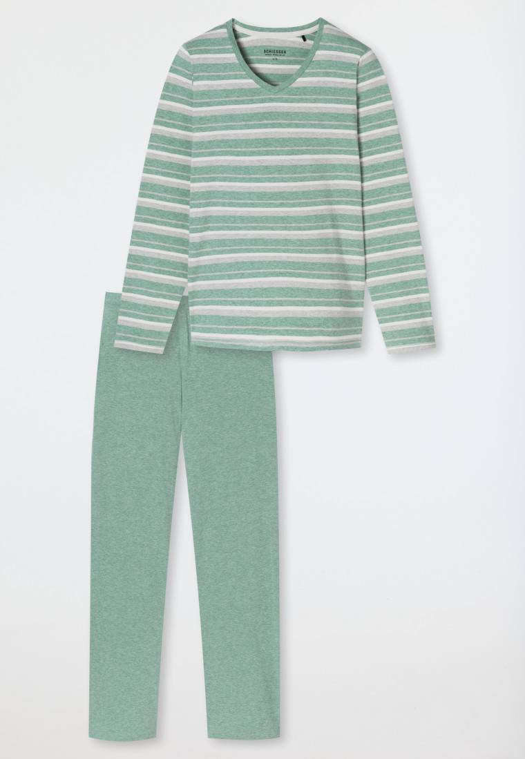 Schiesser Schlafanzug lang grün meliert - Casual Essentials Kostenloser Versand
