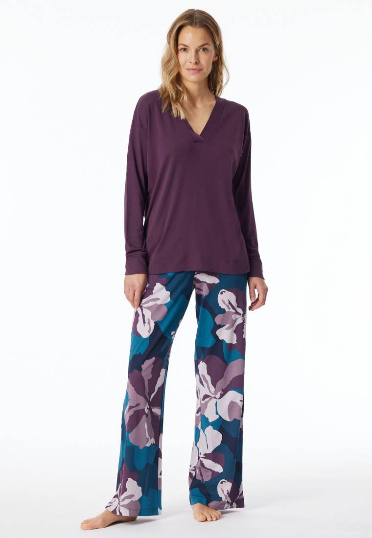 Schiesser Schlafanzug lang Interlock pflaume bedruckt - Modern Nightwear Fabrikpreis