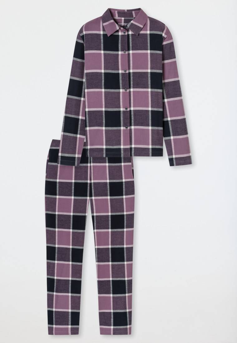 Schiesser Pyjama lang Flanell beige nachtblau - Selected Premium Warming Versandkostenfrei