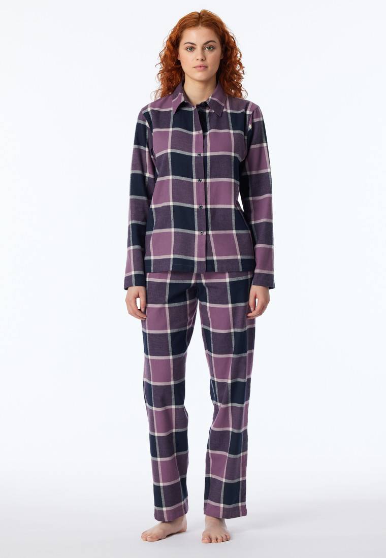 Schiesser Pyjama lang Flanell beige nachtblau - Selected Premium Warming Versandkostenfrei