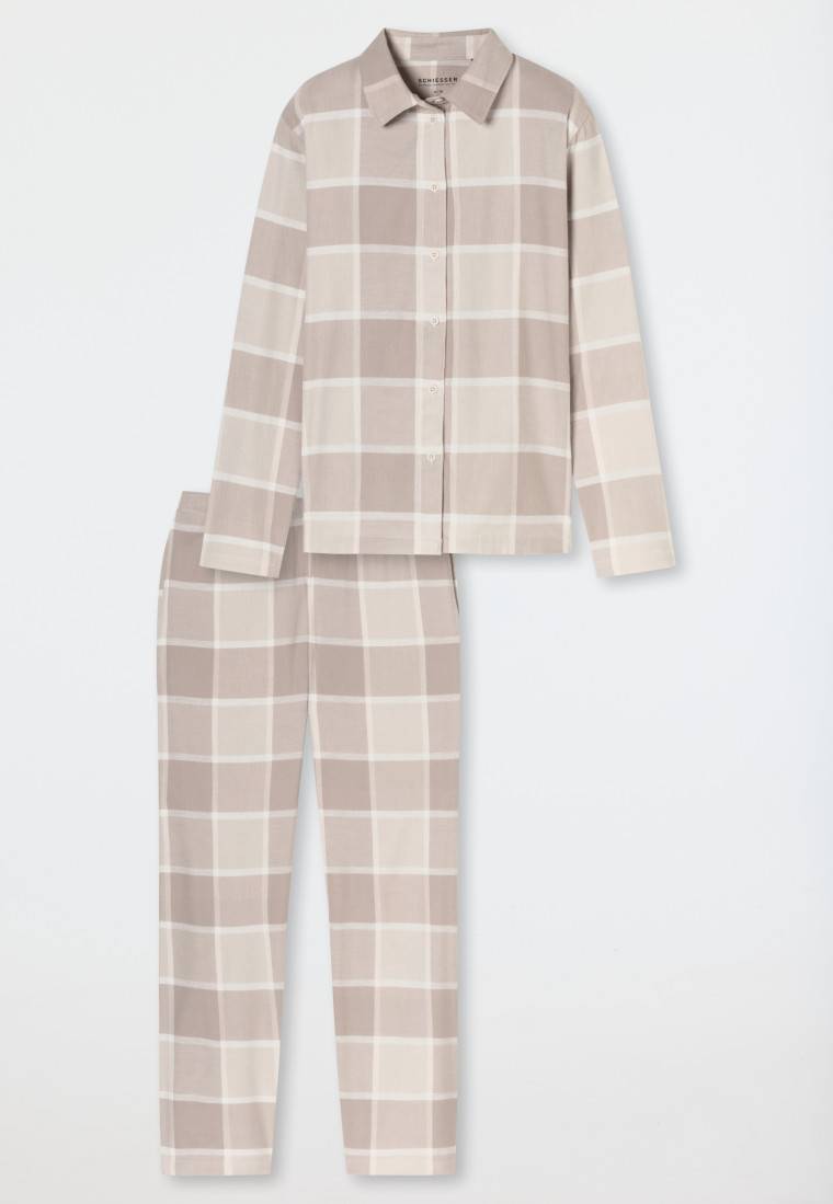 Schiesser Pyjama lang Flanell beige kariert - Selected Premium Warming Flash Sale