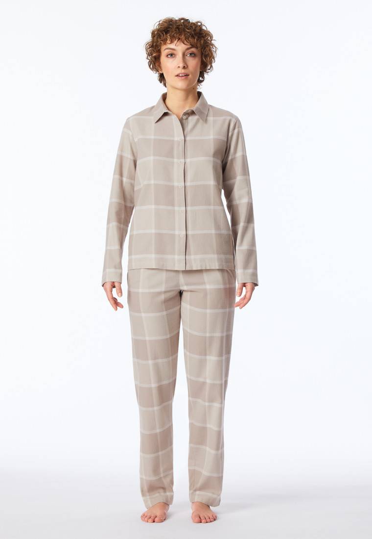 Schiesser Pyjama lang Flanell beige kariert - Selected Premium Warming Flash Sale