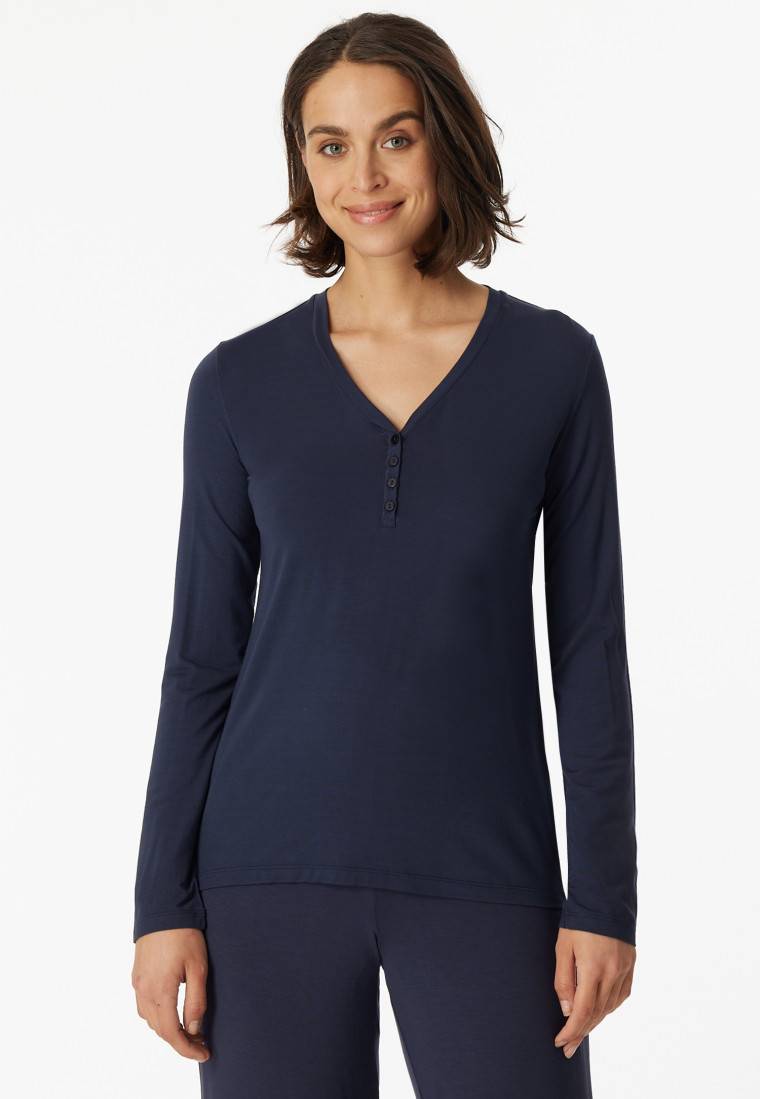 Schiesser Shirt langarm Modal V-Ausschnitt Knopfleiste blau - Mix+Relax Speichern exportieren
