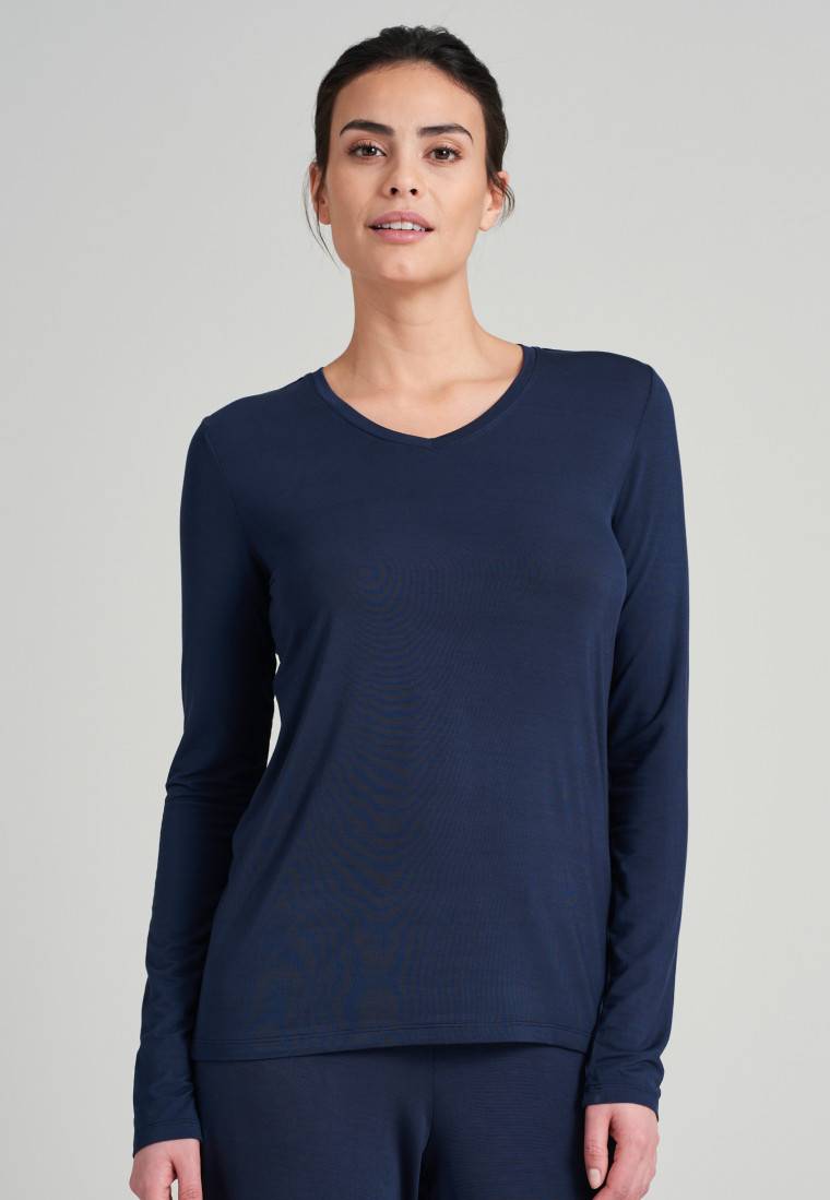 Schiesser Shirt langarm Modal V-Ausschnitt blau - Mix+Relax Rabatte dieses Monats