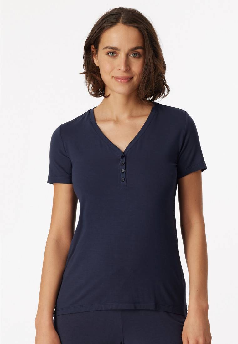 Schiesser Shirt kurzarm Henley Knopfleiste blau - Mix+Relax 2025